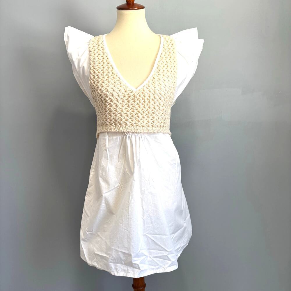 Zara Cottagecore Crochet Knit Mini Dress White Ruffle Sleeve Coastal Festival M